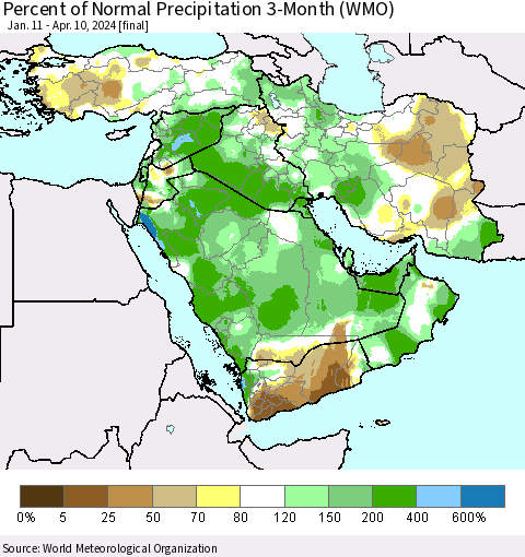 Middle East and Turkey Percent of Normal Precipitation 3-Month (WMO) Thematic Map For 1/11/2024 - 4/10/2024