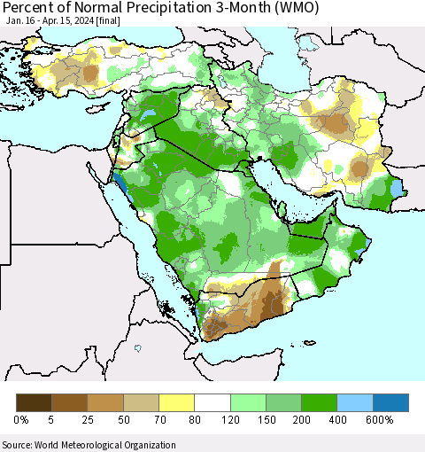 Middle East and Turkey Percent of Normal Precipitation 3-Month (WMO) Thematic Map For 1/16/2024 - 4/15/2024