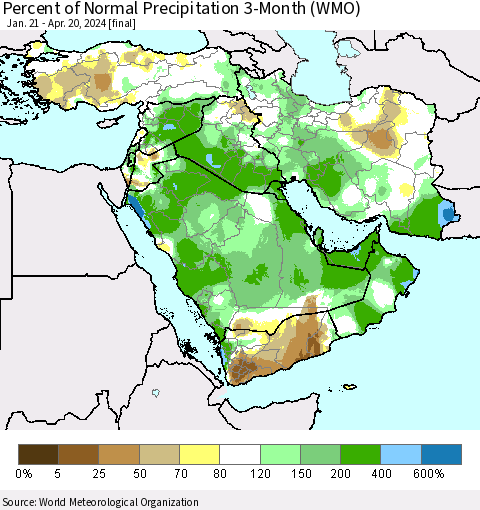 Middle East and Turkey Percent of Normal Precipitation 3-Month (WMO) Thematic Map For 1/21/2024 - 4/20/2024