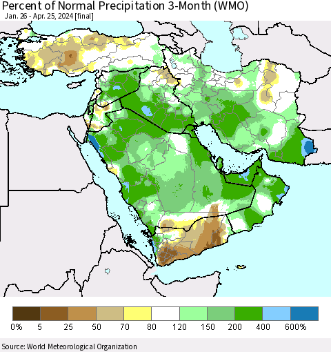 Middle East and Turkey Percent of Normal Precipitation 3-Month (WMO) Thematic Map For 1/26/2024 - 4/25/2024