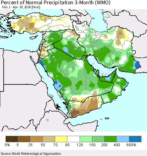 Middle East and Turkey Percent of Normal Precipitation 3-Month (WMO) Thematic Map For 2/1/2024 - 4/30/2024