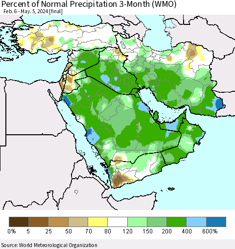 Middle East and Turkey Percent of Normal Precipitation 3-Month (WMO) Thematic Map For 2/6/2024 - 5/5/2024