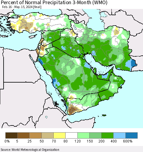 Middle East and Turkey Percent of Normal Precipitation 3-Month (WMO) Thematic Map For 2/16/2024 - 5/15/2024