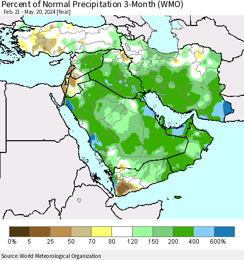 Middle East and Turkey Percent of Normal Precipitation 3-Month (WMO) Thematic Map For 2/21/2024 - 5/20/2024