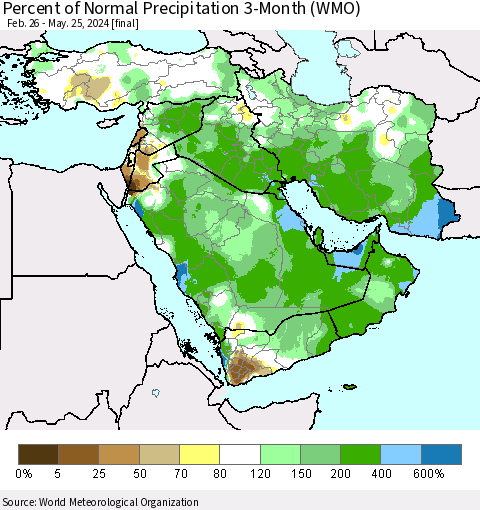 Middle East and Turkey Percent of Normal Precipitation 3-Month (WMO) Thematic Map For 2/26/2024 - 5/25/2024