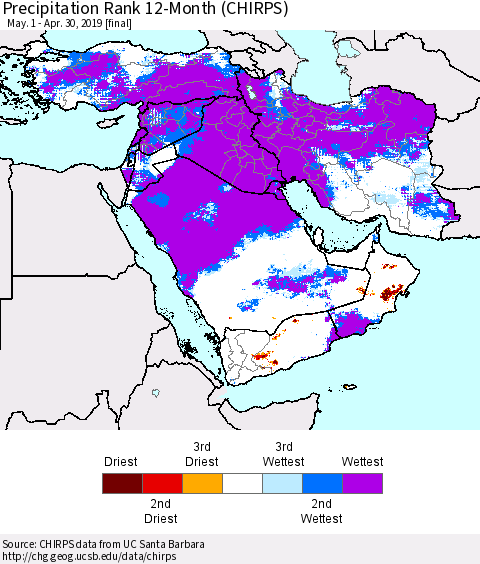 Middle East and Turkey Precipitation Rank since 1981, 12-Month (CHIRPS) Thematic Map For 5/1/2018 - 4/30/2019