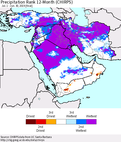 Middle East and Turkey Precipitation Rank since 1981, 12-Month (CHIRPS) Thematic Map For 7/1/2018 - 6/30/2019