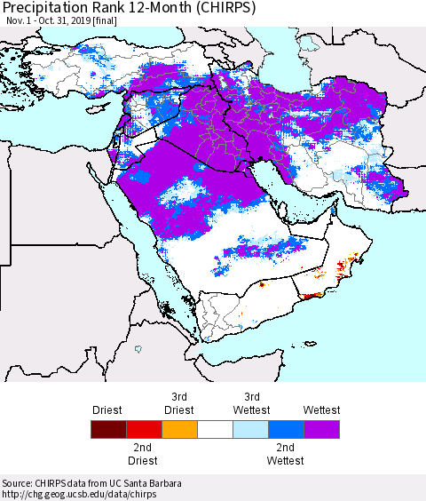 Middle East and Turkey Precipitation Rank since 1981, 12-Month (CHIRPS) Thematic Map For 11/1/2018 - 10/31/2019
