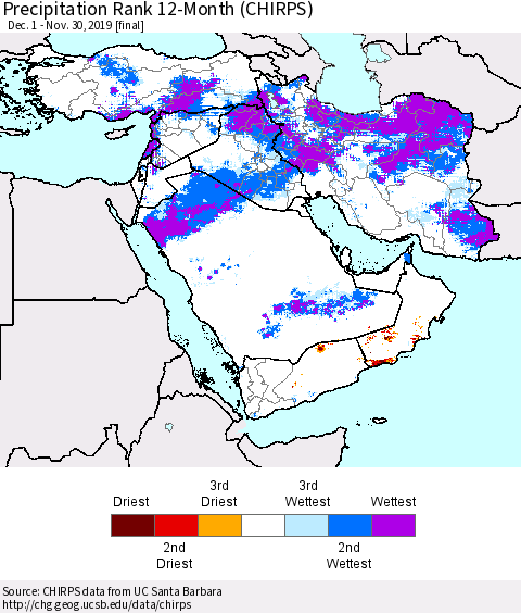 Middle East and Turkey Precipitation Rank since 1981, 12-Month (CHIRPS) Thematic Map For 12/1/2018 - 11/30/2019