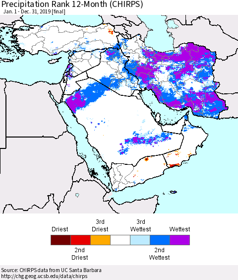 Middle East and Turkey Precipitation Rank since 1981, 12-Month (CHIRPS) Thematic Map For 1/1/2019 - 12/31/2019