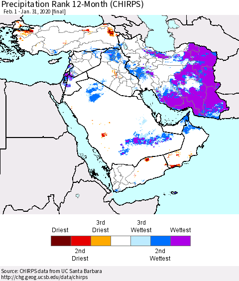 Middle East and Turkey Precipitation Rank since 1981, 12-Month (CHIRPS) Thematic Map For 2/1/2019 - 1/31/2020