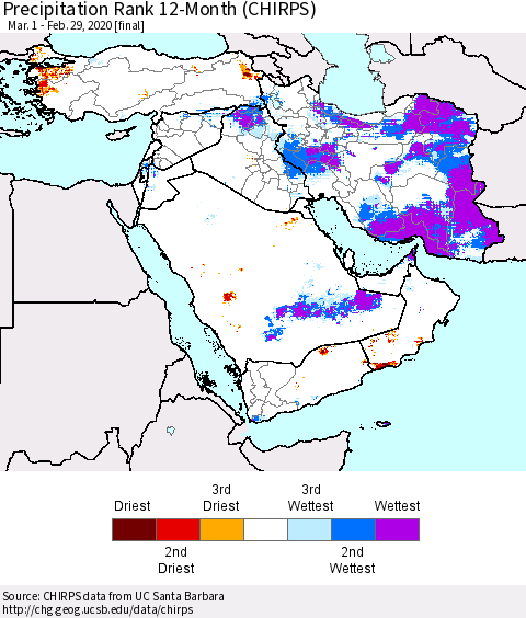 Middle East and Turkey Precipitation Rank since 1981, 12-Month (CHIRPS) Thematic Map For 3/1/2019 - 2/29/2020