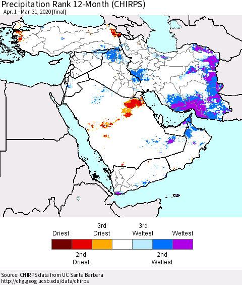 Middle East and Turkey Precipitation Rank since 1981, 12-Month (CHIRPS) Thematic Map For 4/1/2019 - 3/31/2020