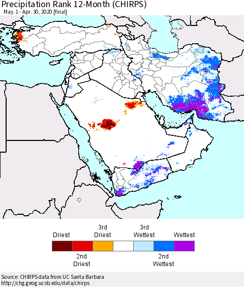Middle East and Turkey Precipitation Rank since 1981, 12-Month (CHIRPS) Thematic Map For 5/1/2019 - 4/30/2020