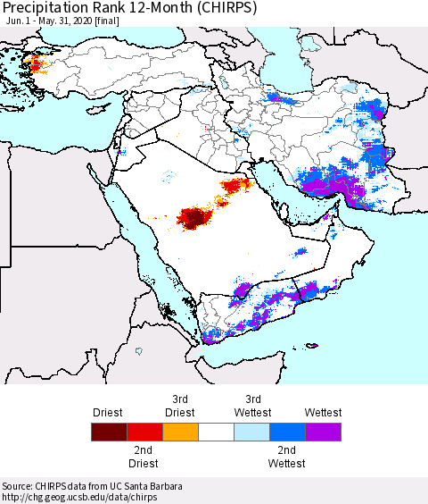Middle East and Turkey Precipitation Rank since 1981, 12-Month (CHIRPS) Thematic Map For 6/1/2019 - 5/31/2020