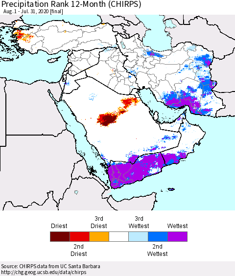 Middle East and Turkey Precipitation Rank since 1981, 12-Month (CHIRPS) Thematic Map For 8/1/2019 - 7/31/2020