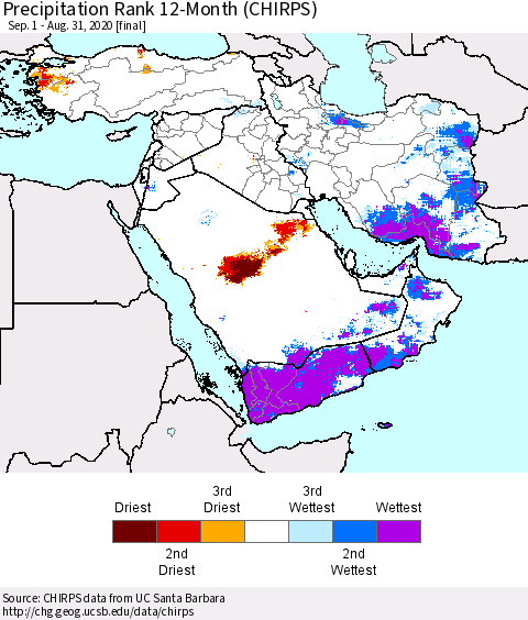 Middle East and Turkey Precipitation Rank since 1981, 12-Month (CHIRPS) Thematic Map For 9/1/2019 - 8/31/2020