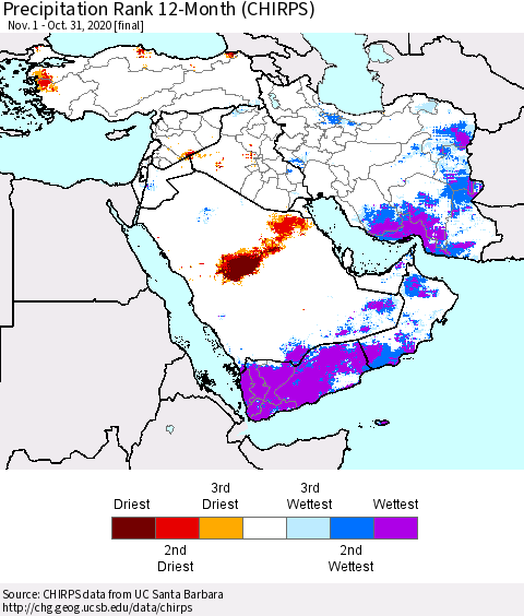 Middle East and Turkey Precipitation Rank since 1981, 12-Month (CHIRPS) Thematic Map For 11/1/2019 - 10/31/2020