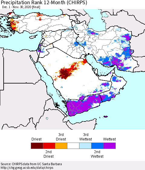Middle East and Turkey Precipitation Rank since 1981, 12-Month (CHIRPS) Thematic Map For 12/1/2019 - 11/30/2020