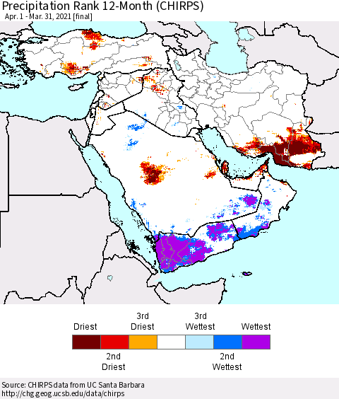 Middle East and Turkey Precipitation Rank since 1981, 12-Month (CHIRPS) Thematic Map For 4/1/2020 - 3/31/2021