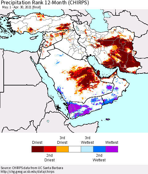 Middle East and Turkey Precipitation Rank since 1981, 12-Month (CHIRPS) Thematic Map For 5/1/2020 - 4/30/2021
