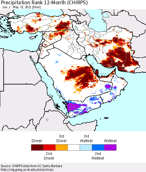 Middle East and Turkey Precipitation Rank since 1981, 12-Month (CHIRPS) Thematic Map For 6/1/2020 - 5/31/2021