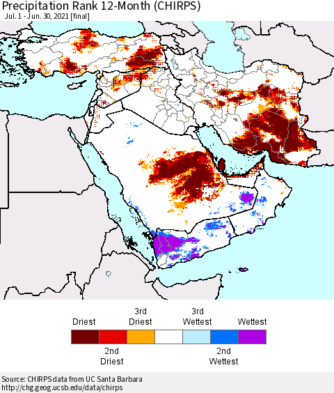 Middle East and Turkey Precipitation Rank since 1981, 12-Month (CHIRPS) Thematic Map For 7/1/2020 - 6/30/2021