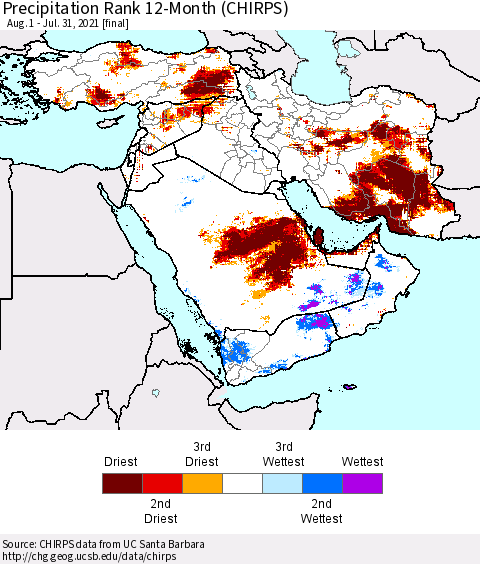 Middle East and Turkey Precipitation Rank since 1981, 12-Month (CHIRPS) Thematic Map For 8/1/2020 - 7/31/2021