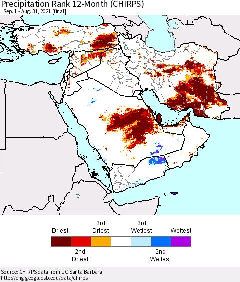 Middle East and Turkey Precipitation Rank since 1981, 12-Month (CHIRPS) Thematic Map For 9/1/2020 - 8/31/2021