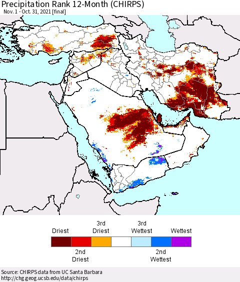 Middle East and Turkey Precipitation Rank since 1981, 12-Month (CHIRPS) Thematic Map For 11/1/2020 - 10/31/2021