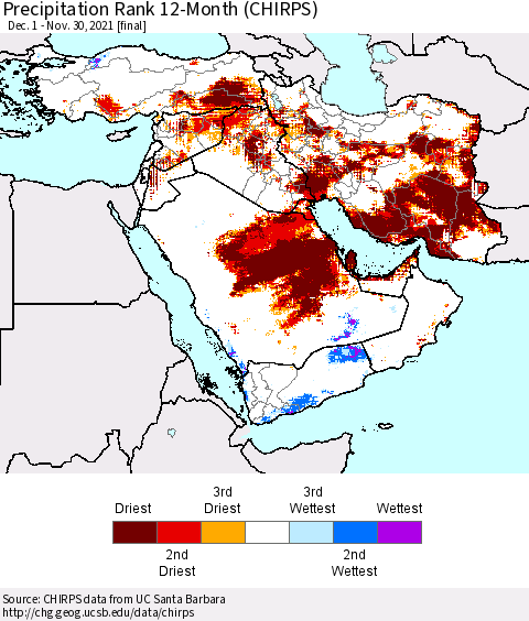 Middle East and Turkey Precipitation Rank since 1981, 12-Month (CHIRPS) Thematic Map For 12/1/2020 - 11/30/2021