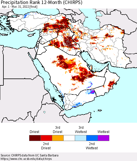 Middle East and Turkey Precipitation Rank since 1981, 12-Month (CHIRPS) Thematic Map For 4/1/2021 - 3/31/2022
