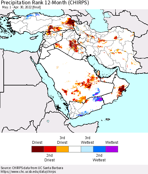 Middle East and Turkey Precipitation Rank since 1981, 12-Month (CHIRPS) Thematic Map For 5/1/2021 - 4/30/2022