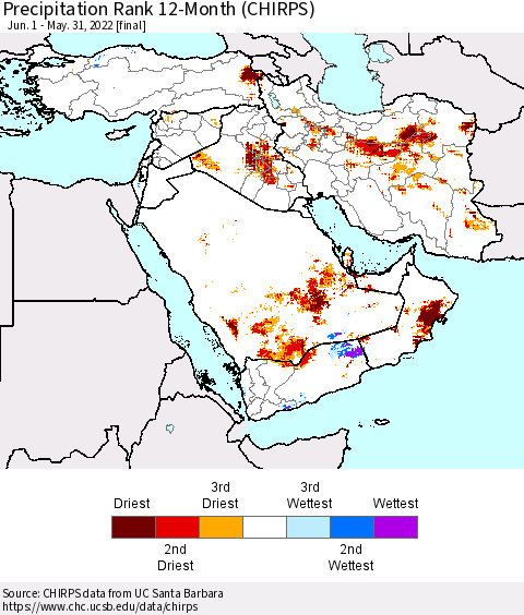 Middle East and Turkey Precipitation Rank since 1981, 12-Month (CHIRPS) Thematic Map For 6/1/2021 - 5/31/2022