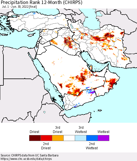 Middle East and Turkey Precipitation Rank since 1981, 12-Month (CHIRPS) Thematic Map For 7/1/2021 - 6/30/2022