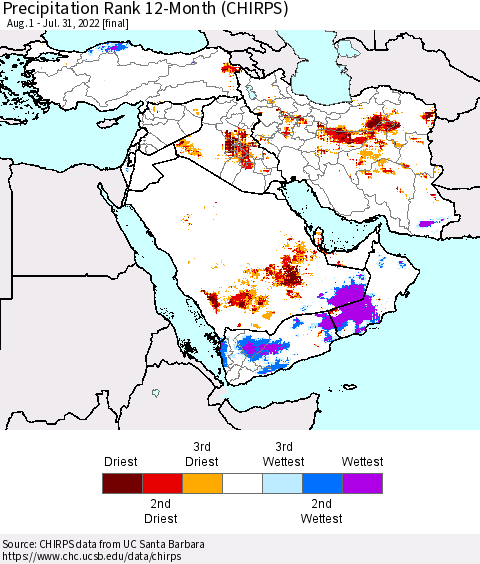 Middle East and Turkey Precipitation Rank since 1981, 12-Month (CHIRPS) Thematic Map For 8/1/2021 - 7/31/2022