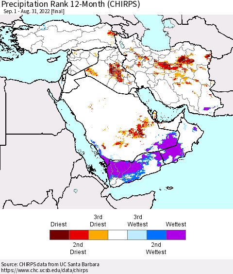 Middle East and Turkey Precipitation Rank since 1981, 12-Month (CHIRPS) Thematic Map For 9/1/2021 - 8/31/2022