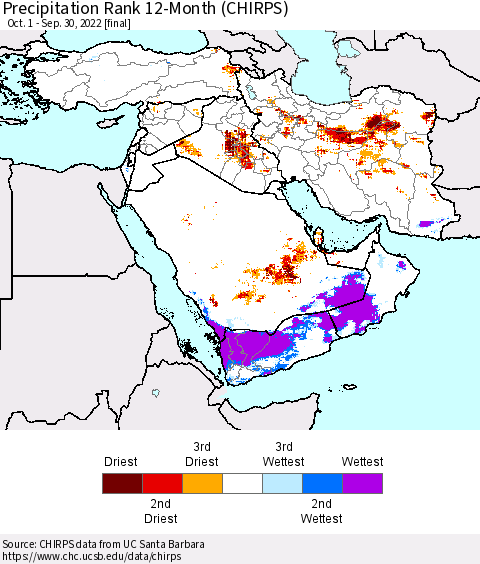 Middle East and Turkey Precipitation Rank since 1981, 12-Month (CHIRPS) Thematic Map For 10/1/2021 - 9/30/2022