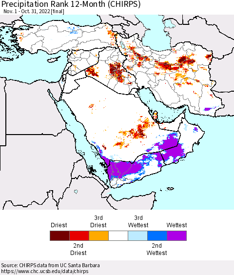 Middle East and Turkey Precipitation Rank since 1981, 12-Month (CHIRPS) Thematic Map For 11/1/2021 - 10/31/2022