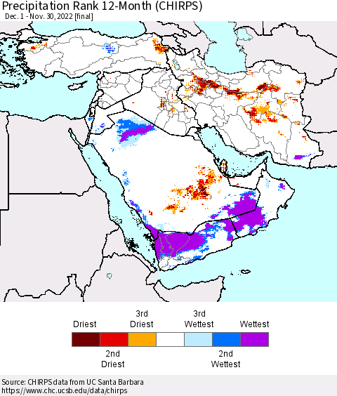 Middle East and Turkey Precipitation Rank since 1981, 12-Month (CHIRPS) Thematic Map For 12/1/2021 - 11/30/2022