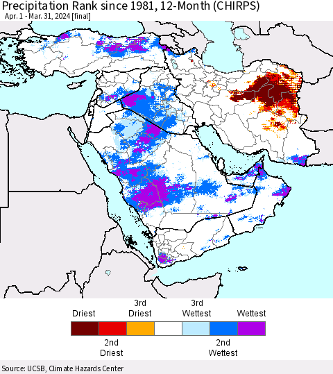 Middle East and Turkey Precipitation Rank since 1981, 12-Month (CHIRPS) Thematic Map For 4/1/2023 - 3/31/2024