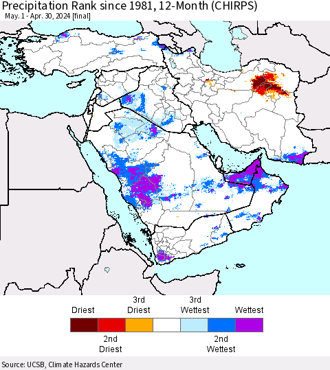 Middle East and Turkey Precipitation Rank since 1981, 12-Month (CHIRPS) Thematic Map For 5/1/2023 - 4/30/2024