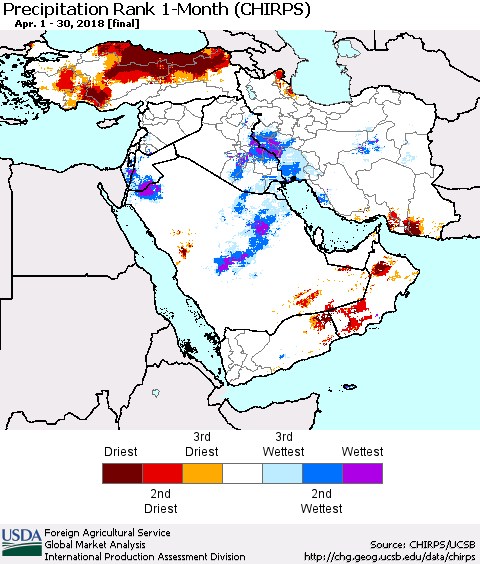 Middle East and Turkey Precipitation Rank since 1981, 1-Month (CHIRPS) Thematic Map For 4/1/2018 - 4/30/2018