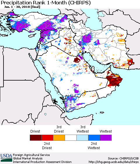 Middle East and Turkey Precipitation Rank since 1981, 1-Month (CHIRPS) Thematic Map For 6/1/2018 - 6/30/2018