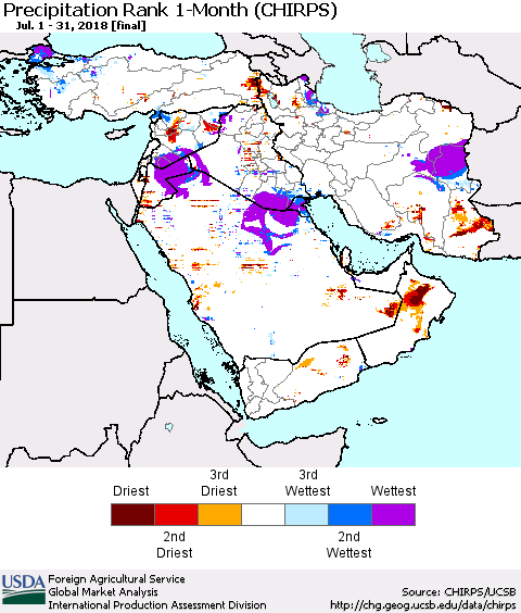 Middle East and Turkey Precipitation Rank since 1981, 1-Month (CHIRPS) Thematic Map For 7/1/2018 - 7/31/2018