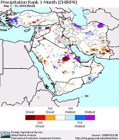 Middle East and Turkey Precipitation Rank since 1981, 1-Month (CHIRPS) Thematic Map For 8/1/2018 - 8/31/2018