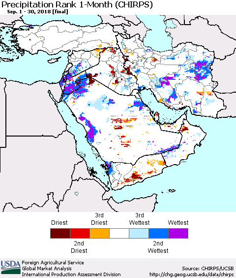 Middle East and Turkey Precipitation Rank since 1981, 1-Month (CHIRPS) Thematic Map For 9/1/2018 - 9/30/2018