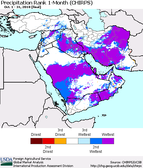 Middle East and Turkey Precipitation Rank since 1981, 1-Month (CHIRPS) Thematic Map For 10/1/2018 - 10/31/2018
