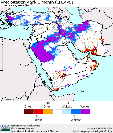 Middle East and Turkey Precipitation Rank since 1981, 1-Month (CHIRPS) Thematic Map For 1/1/2019 - 1/31/2019
