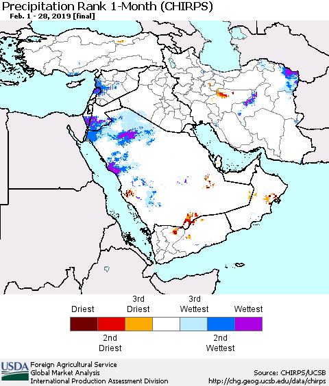 Middle East and Turkey Precipitation Rank since 1981, 1-Month (CHIRPS) Thematic Map For 2/1/2019 - 2/28/2019